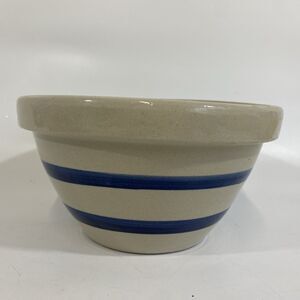 Vtg ROSEVILLE POTTERY STONEWARE MIXING BOWL Blue Stripes 7” Farmhouse